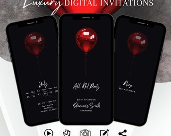 Faire-part de fête élégant tout rouge, invitation d'anniversaire animée minimaliste, Evite de fête rouge pour homme, modèle numérique chic, carte électronique modifiable pour femme