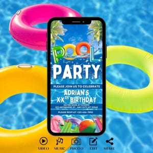 Digital Pool Party Birthday Invitation, Tropical Summer Evite, Video Invite For Teens, Kids, Adults. Self Editable DIY Ecard Template.