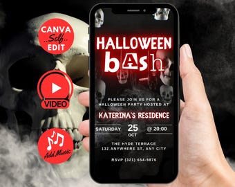 Może przedstawiać: Cyfrowe zaproszenie na imprezę Halloweenową. Zaproszenie jest na czarnym tle z czerwonym tekstem, który brzmi "Halloween bash". Zaproszenie zawiera datę, godzinę i miejsce imprezy. Zaproszenie jest na ekranie smartfona.