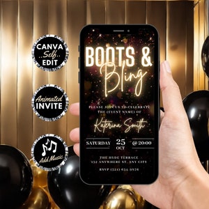 Digital Flyer Boots and Bling Invitation, Cowboy Boots Birthday Video Invite, Gold Western Ladies Party Evite, Self Edit DIY Template eCard
