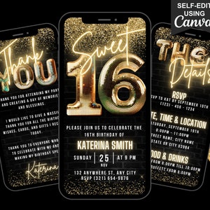 Digital Sweet 16th Birthday Invitation, Animated 16th Birthday Party Invite, Gold Sweet Sixteen Evite, Editable Itinerary & Thank You eCard