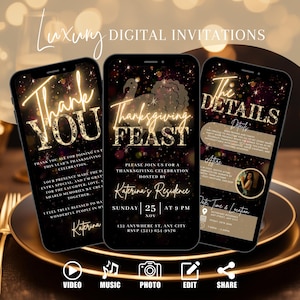 Digital Thanksgiving Feast Invitation, Electronic Fall Party Video Family Invite, Turkey Friendsgiving Evite, DIY Itinerary Template eCard