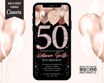 Invitación digital para 50 cumpleaños, invitación electrónica para fiesta de 50 cumpleaños para ella, diamantes oro rosa, texto Evite descarga instantánea, plantilla editable
