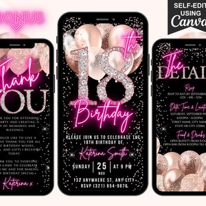 Invito digitale per il 18° compleanno, invito animato per la festa del 18° compleanno, invito con testo in caratteri rosa neon e diamanti in oro rosa, itinerario e biglietto elettronico di ringraziamento