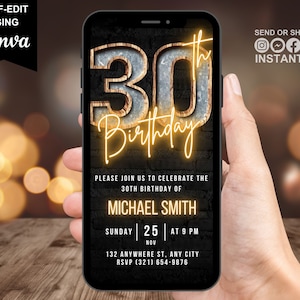 Digital 30th Birthday Invitation For Men, 30 Invite Ecard, Virtual Rustic Marquee BBQ Thirty Party Invite For Him, Self Editable Template