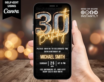 Digital 30th Birthday Invitation For Men, 30 Invite Ecard, Virtual Rustic Marquee BBQ Thirty Party Invite For Him, Self Editable Template