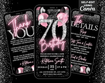 Invitación digital para 70 cumpleaños, invitación rosa ruborizada para chicas con setenta diamantes, invitación animada de Evite para mujeres, itinerario autoeditable y tarjeta electrónica de agradecimiento.