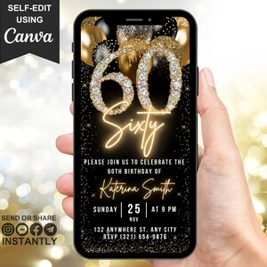 Digital 60th Birthday Invitation, Animated Sixty Black Gold Party Invite For Him, Dinner Evite for Men, Self Editable DIY Template Ecard