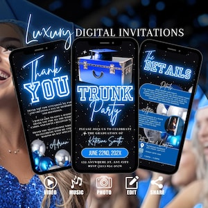 Invito per la festa del baule della laurea, invito per la festa di addio al college animato digitale blu, invito per l&#39;addio alla laurea, eCard auto-modificabile