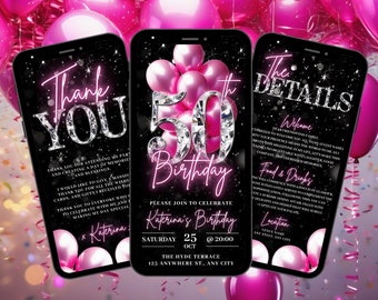Digital 50th Birthday Invitation, Animated Hot Pink 50 Glam Diamond Invite For Her, Luxury Evite For Women, Self Edit Video Itinerary eCard