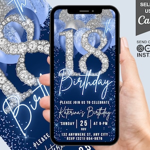 Invito digitale per il 18° compleanno, invito animato per adolescenti blu e argento per il 18° compleanno, invito elettronico "Palloncino Diamante Inverno Wonderland", eCard modificabile