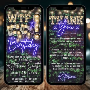 Digital WTF 55th Birthday Invitation, Animated Backyard BBQ Invite For Men, Rustic Blue Party Evite For Him, Self Editable Thank You eCard