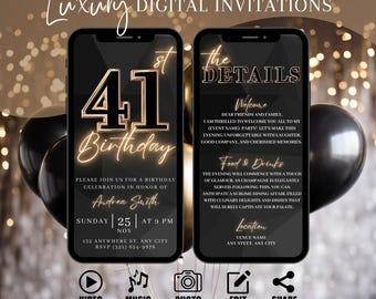 May include: A digital invitation for a 41st birthday party. The invitation is black with gold accents and features a large number 41 with the word "Birthday" underneath. The invitation includes the date, time, and location of the party, as well as a message from the host. The invitation also includes a section for food and drinks, and a section for location details.