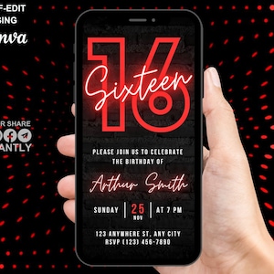 Digitale 16e verjaardagsuitnodiging, geanimeerde Sweet Sixteen feestuitnodiging voor jongens, rood neon telefoonbericht Evite, zelf bewerkbare sjabloon e-card