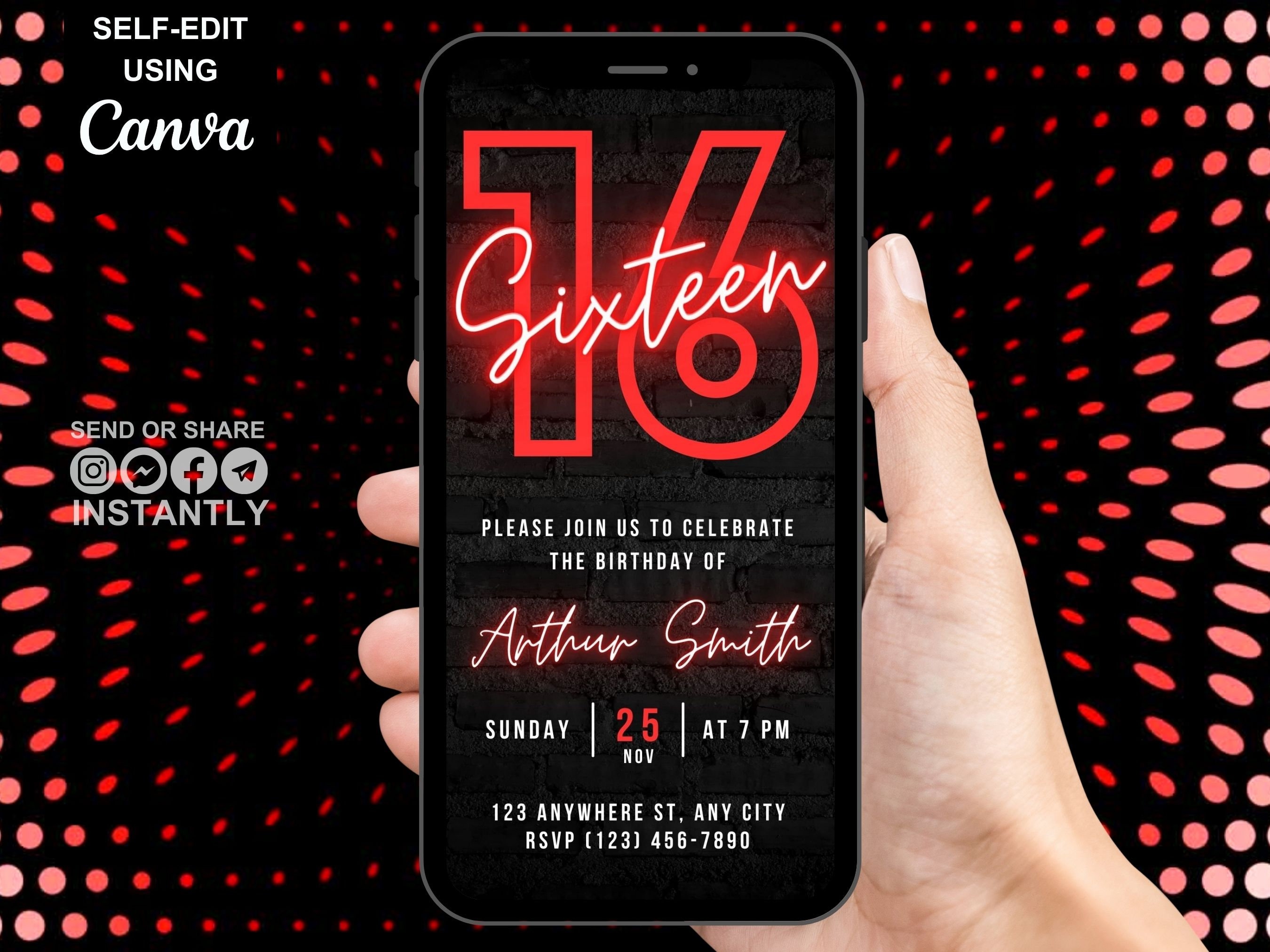 Digital 16th Birthday Invitation, Animated Sweet Sixteen Party Invite For Boys, Red Neon Phone Message Evite, Self Editable Template eCard