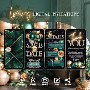 May include: Four digital invitation templates with a green and gold color scheme. The first template says "Save the Date" with a gold glitter background and green and gold balloons. The second template says "The Details" with a black background and green and gold details. The third template says "Thank You" with a black background and green and gold details. The fourth template says "Thank You" with a black background and green and gold details.