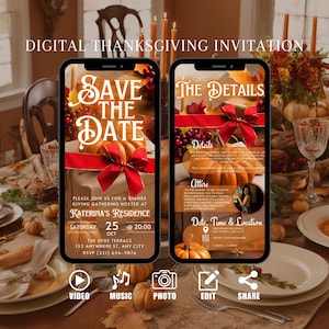 May include: Digital Thanksgiving invitation with a red and white save the date graphic on a brown background. The details section includes information about the event, including the date, time, location, and attire. The invitation is decorated with fall-themed graphics, such as pumpkins and leaves.