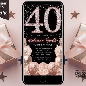 Invito digitale per il 40° compleanno, invito elettronico per la festa del 40° compleanno, diamanti in oro rosa, invito di testo con download immediato, modello modificabile