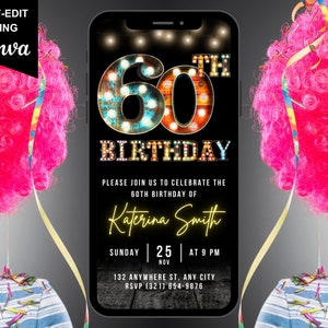Digital 60th Birthday Invitation, Animated Fun Sixty Party Invite For Him or Her, Mobile Marquee Text Evite, Self Editable Template eCard