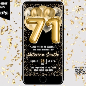 71st Birthday Digital Invitation, Electronic Birthday Party Invite, Black Gold, Mobile Text Evite, Editable Animated 71st Virtual Invite