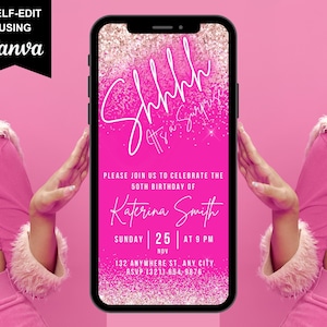 Digital Pink Glitter Surprise Birthday Invitation, Electronic Virtual Birthday Invite, Neon Animated Editable Template, Instant Download