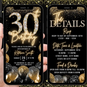 Digitale 30e verjaardagsuitnodiging, geanimeerde 30e zwart goud zilver uitnodiging, Womens Diamond Dinner Party Evite, zelf bewerkbare route e-card