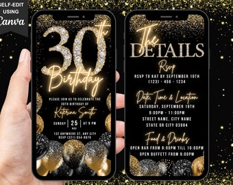 Digital 30th Birthday Invitation, Animated 30th Black Gold Silver Invite, Womens Diamond Dinner Party Evite, Self Editable Itinerary eCard