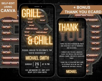 Invitación digital para fiesta de barbacoa y relax, invitación animada de barbacoa para hombres, invitación de cumpleaños para el patio, tarjeta electrónica de agradecimiento autoeditable
