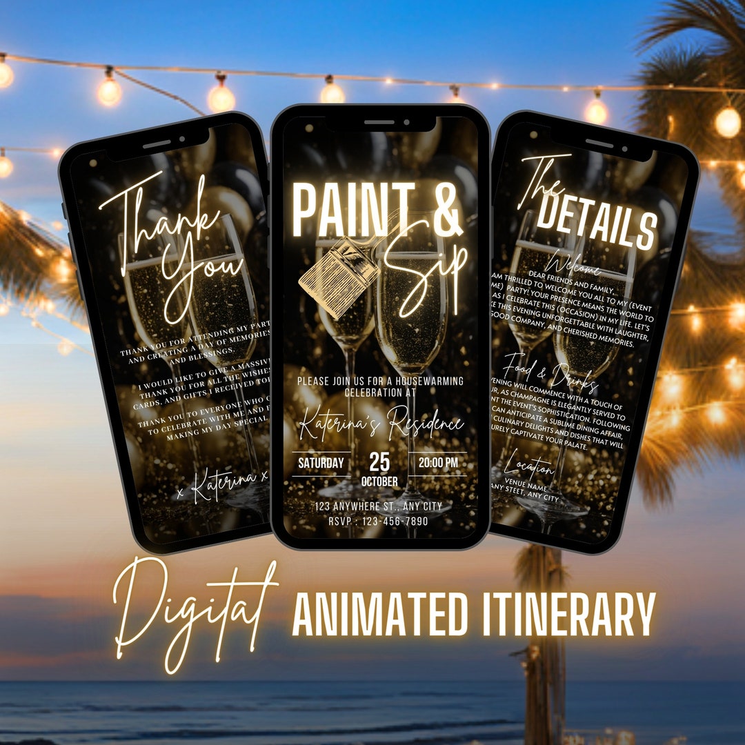 Digital Paint & Sip Invitation, Animated Birthday Celebration Invite for Women, Black Gold New