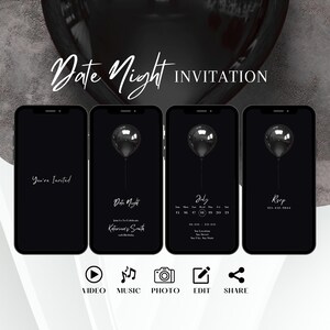 Pode incluir: Uma maquete de tela de telefone móvel em preto e branco com quatro telas diferentes. A primeira tela diz "You're Invited". A segunda tela diz "Date Night" com o texto "Join us to celebrate Katerina's Smith with Birthday". A terceira tela mostra um calendário com o mês de julho destacado. A quarta tela diz "Roop" com um número de telefone. Abaixo das telas estão ícones para vídeo, música, foto, editar e compartilhar.