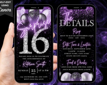 Digitale Überraschung zum 16.Geburtstag, animierte Sweet 16 Party einladen, Frauen Lila Silber Diamanten einladen, selbst bearbeitbare Reiseplan eCard