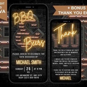 May include: Digital invitation design with a neon "BBQ & Beers" sign on a smartphone screen. The design includes event details and a bonus thank you ecard. The background is a dark brick wall. The design is editable.