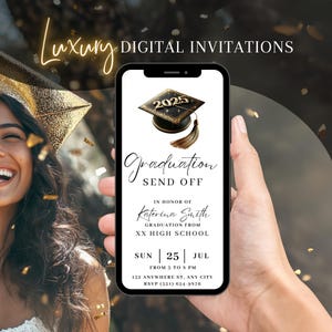 Digital 2025 Graduation Send Off Invitation, Black Gold Graduate Party Invite, Animated Grad Class of 2025 Evite, High School Template eCard