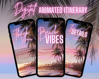 Digital Beach Vibes Invitation, Animated Bonfire Party Invite, Pink Surf Summer BBQ Evite For Women, Self Editable Itinerary Template eCard