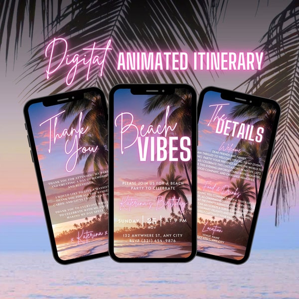 Digital Beach Vibes Invitation, Animated Bonfire Party Invite, Pink Surf Summer BBQ Evite For Women, Self Editable Itinerary Template eCard