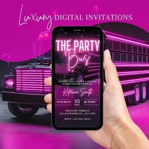 Digital VIP Party Bus Invitation, Girls Limo Birthday Party Invite, Pink Bus Evite For Women, Party Bus Evite, Self Editable Template eCard