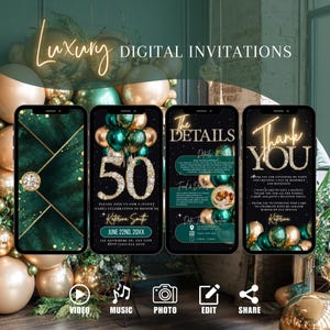 Grün Gold 50. Geburtstagseinladung, Digitaler Umschlag animierte Einladung, Diamant Brunch Evite, Dinner Party bearbeitbare Vorlage Ecard für Frauen