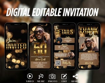 May include: Digital editable invitation displayed on four smartphones. The invitation features a gold and black color scheme with the text "You're Invited", "50", and "Thank You". Includes icons for video, music, photo, edit, and share.