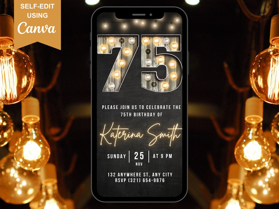 75th Birthday Party Invitation for Him, Animated Template Invite