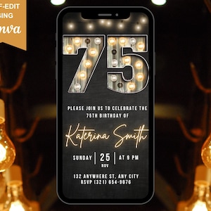 75th Birthday Party Invitation for Him, Animated Template Invite, Digital Invitation, Marquee Number message, Instant Download Evite For Him