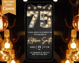 75th Birthday Party Invitation for Him, Animated Template Invite, Digital Invitation, Marquee Number message, Instant Download Evite For Him