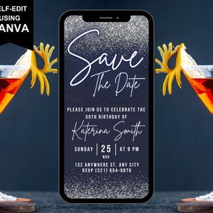 Digital Save The Date Invitation, Animated Birthday Celebration Dark Blue Invite, Anniversary Cocktail Neon Evite, Editable Template eCard