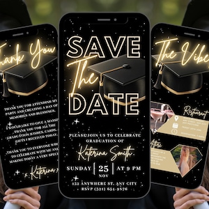 Digital Save The Date Abschlusseinladung, animierte Gold College Party Ankündigung einladen, selbst bearbeitbarer Reiseplan & Danke eCard