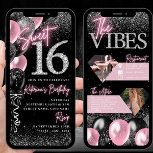 Digital Sweet 16 Birthday Invitation, Girls Animated Sweet Sixteen Party Invite, Cute Blush Pink Diamond Evite, Editable Itinerary eCard