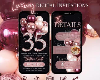 Digital 35th Birthday Invitation, Rose Gold Burgundy Dinner Invite For Women, Surprise Brunch Maroon Evite, Self Edit DIY Template Ecard