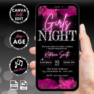 Digital Girls Night Out Invitation, Animated Hot Pink Birthday Invite, Bachelorette Party Evite, Self Editable Custom Canva Template eCard