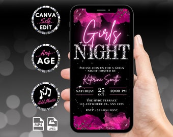 Editable Girls Night Out Invitation, Hot Pink Birthday Party Invite, Animated Bachelorette Evite