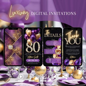 Elegant Purple Gold 80th Birthday Invitation, Digital Envelope Animated Invite, Brunch Evite, Dinner Party Editable Template Ecard For Women