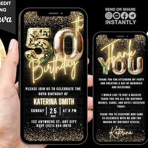 Digital 50th Birthday Invitation, Animated Fifty Party Invite For Her, Video Glam Gold Neon Disco Ball Evite, Self Editable Thank You eCard