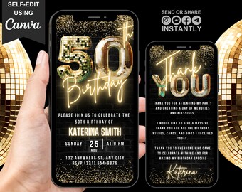 Invitación digital para 50 cumpleaños, invitación animada para ella, video glamuroso con bola de discoteca de neón dorado de Evite, tarjeta electrónica de agradecimiento autoeditable